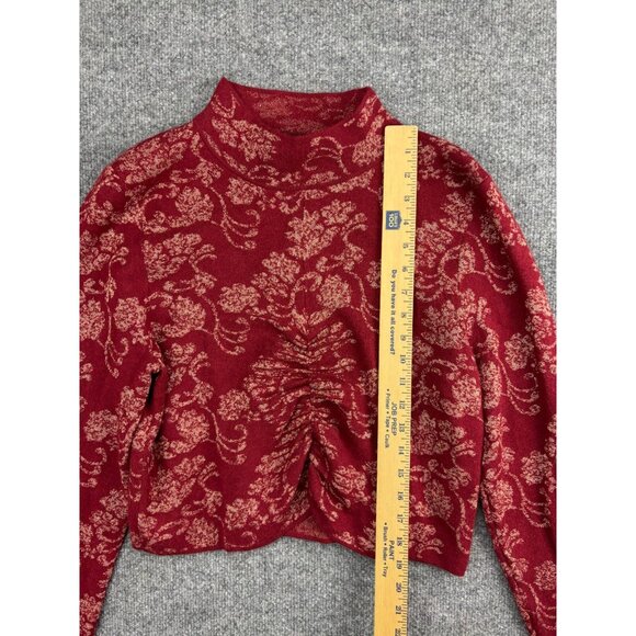 Anthropologie Sweater Women's XL Red & Gold Sparkle Floral Ruched Long Sleeve - Picture 3 of 8